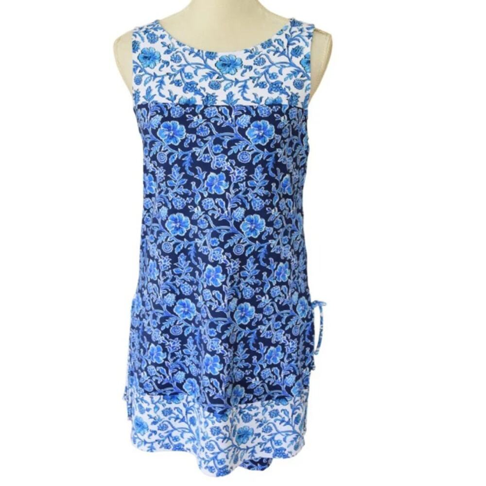 Tommy Bahama Woodblock Blossoms Romper Dress Blue White Floral Small - Picture 6 of 9